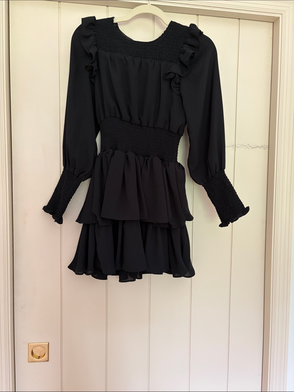 Black Ruffled Long Sleeve Smocked Waist Mini Dress